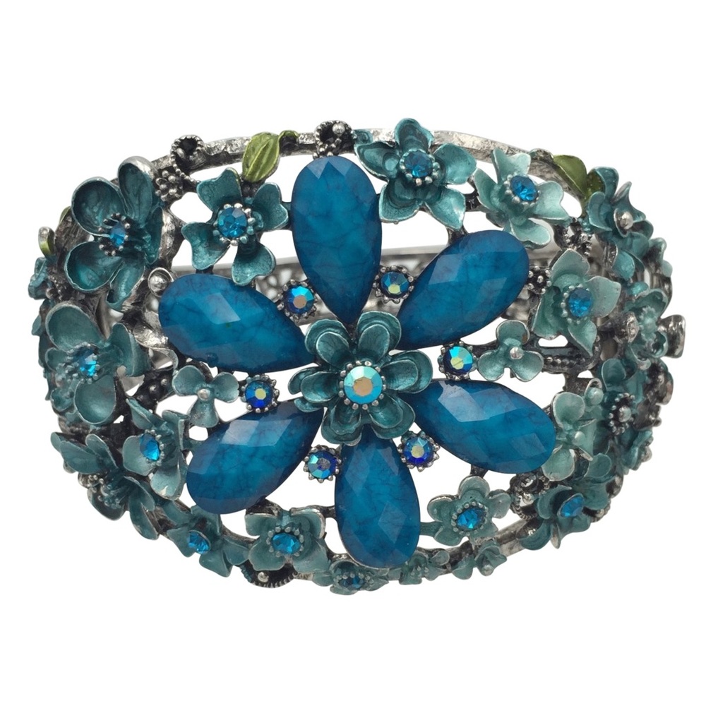 Chunky Aqua Blue Painted Flower Vintage Look Statement Hinged Bangle Bracelet
